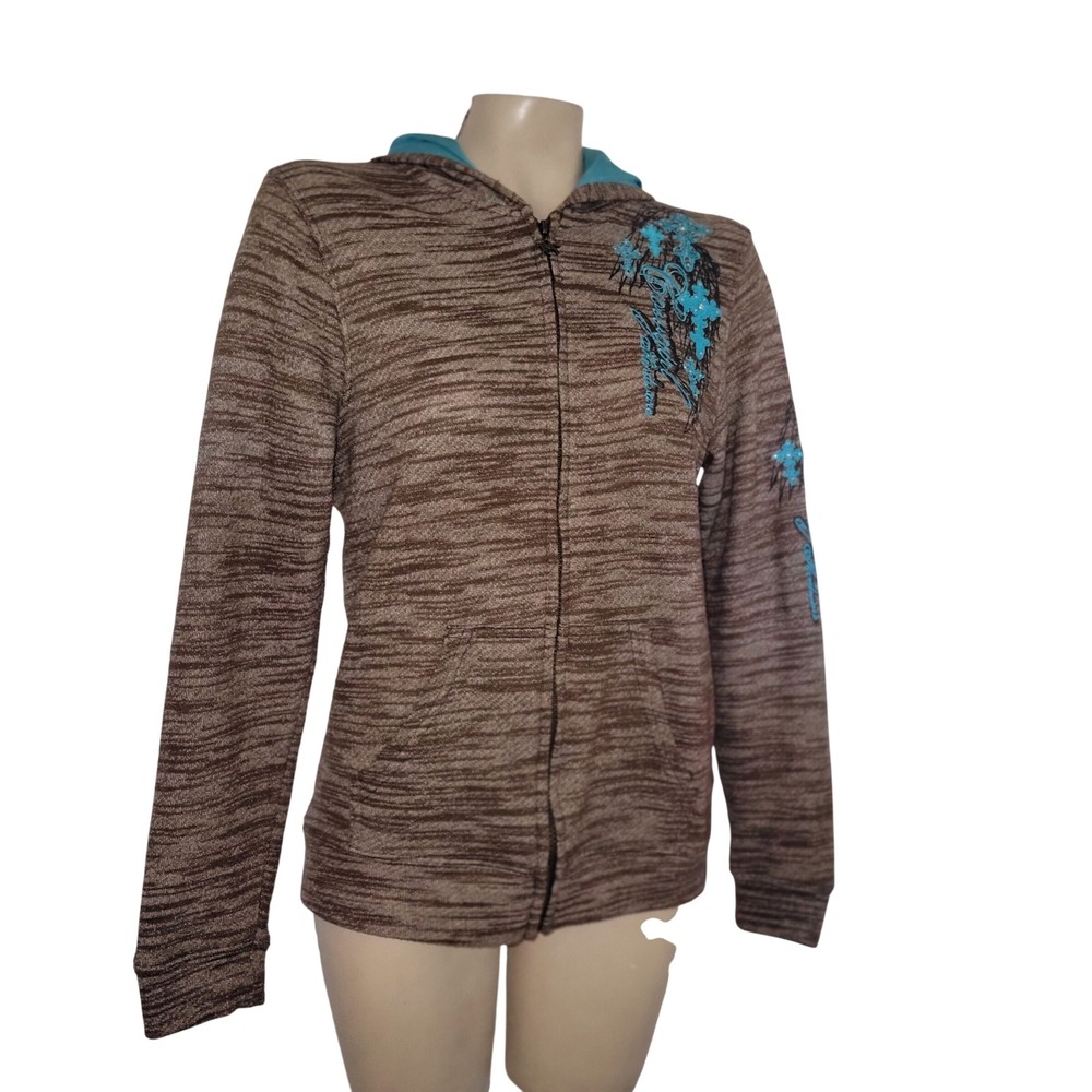 Cowgirl Hardware Zip Up Hoodie Turquoise Embroidery Brown Heathered S western‎